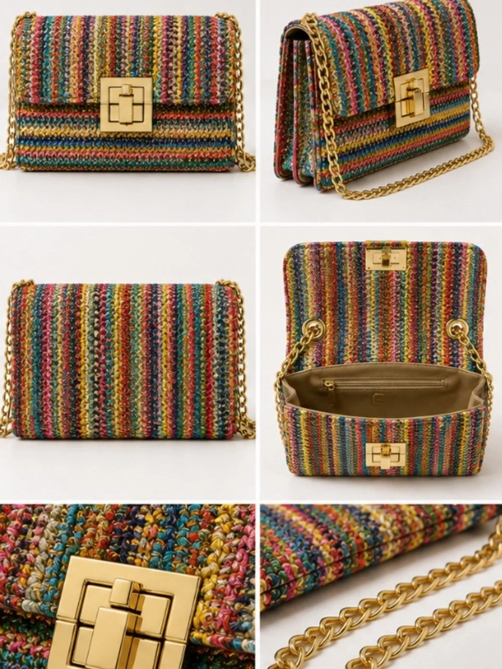 Multicolor Woven Clutch with Gold Chain Strap
